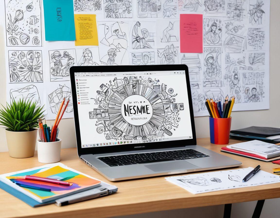 An artistic workspace featuring a sleek laptop displaying a vibrant digital portfolio, surrounded by colorful sketches and animation cels. Include elements like professional resume templates and tools for animation creativity, set against a backdrop of whimsical adult-themed artwork. The atmosphere should convey a blend of professionalism and creativity. vector art. vibrant colors. light background.