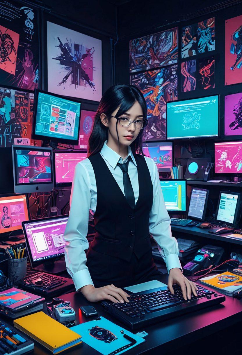A surreal fusion of a sleek digital CV transforming into vibrant, colorful hentai art, showcasing various artistic styles blending seamlessly. In the background, elements of career development such as briefcases, laptops, and paintbrushes intermingle with whimsical and fantastical anime characters. A whimsical, energetic atmosphere capturing both professionalism and creativity. Bright colors with a dynamic composition. 3D illustration with a cyberpunk flair.